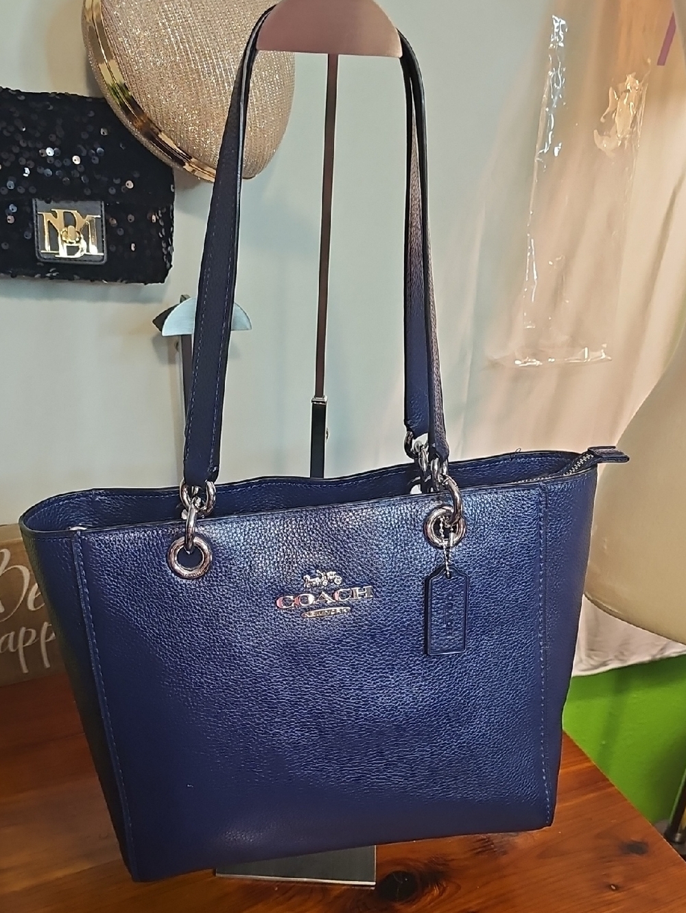 COACH Navy Pebble Leather Tote with Silver Hardware
